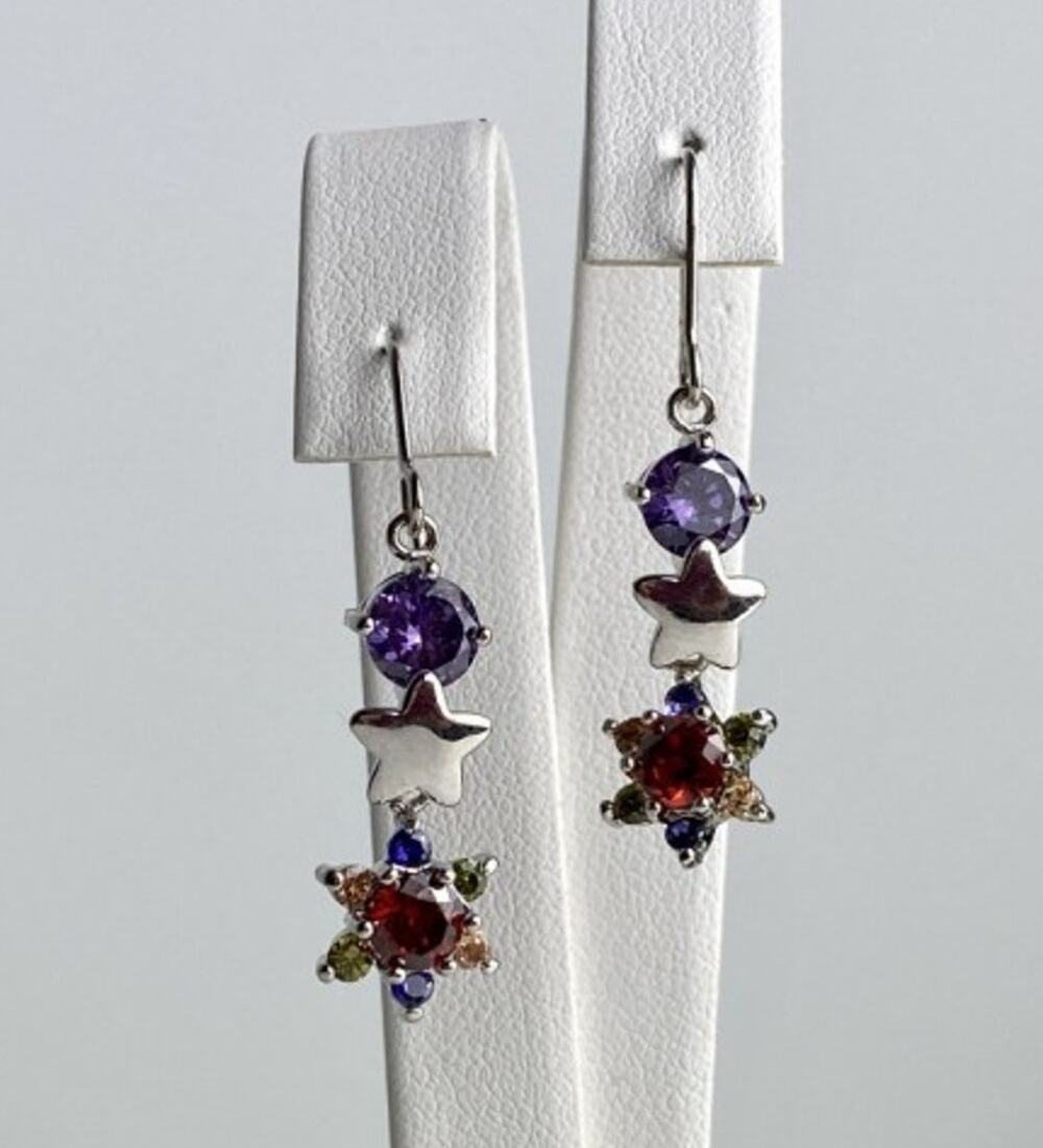 Dangle Earrings with Multicolor CZ "Flowers & Stars"